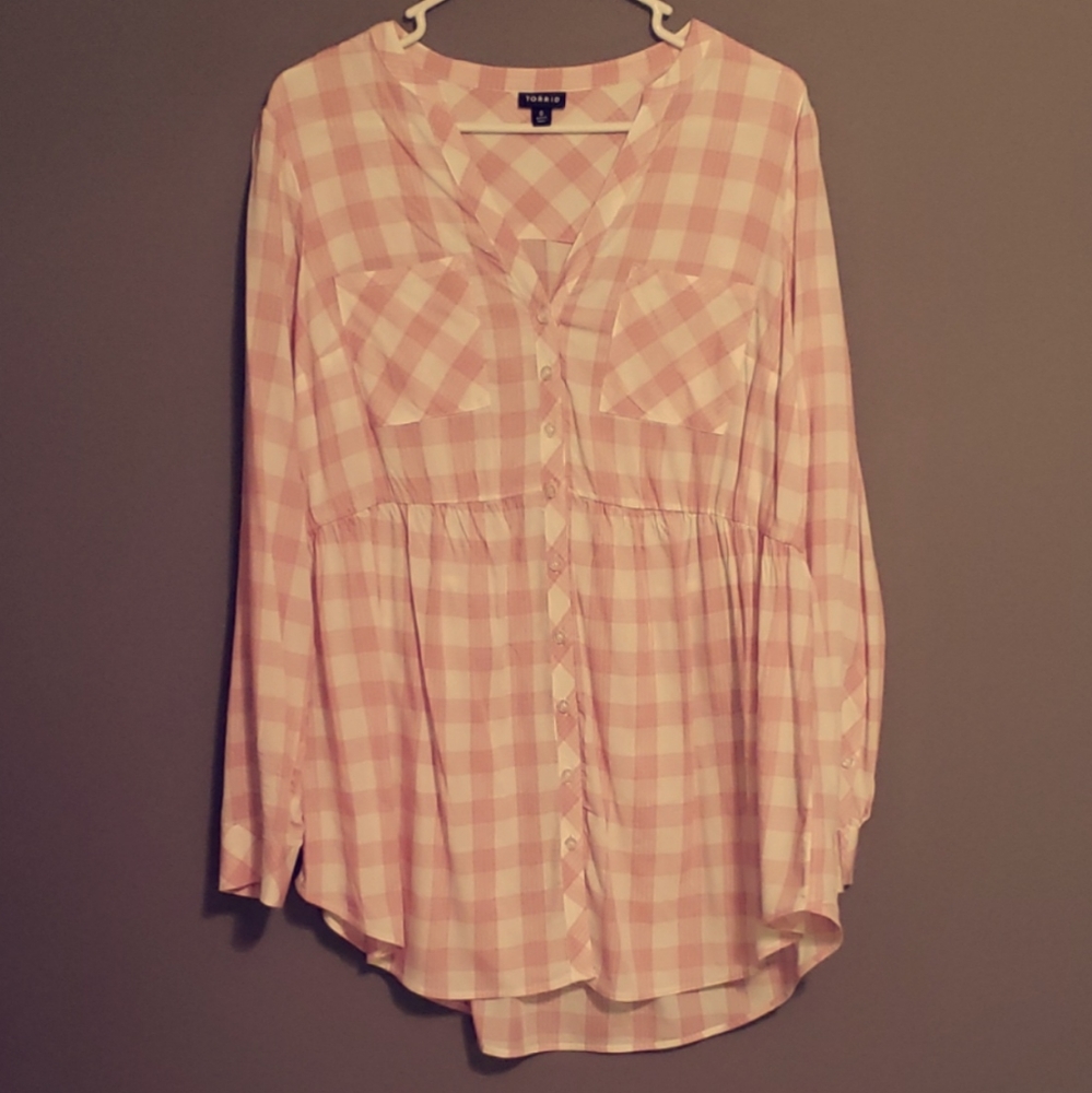 Womens Babydoll Tunic Pink And White Plaid Size 0